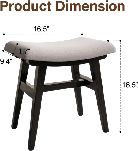 Vista 2 de Taburete de tocador pequeño de madera maciza, silla de maquillaje compacta con cojín de sillín, asiento de esponja de alto rebote cubierto de lino
