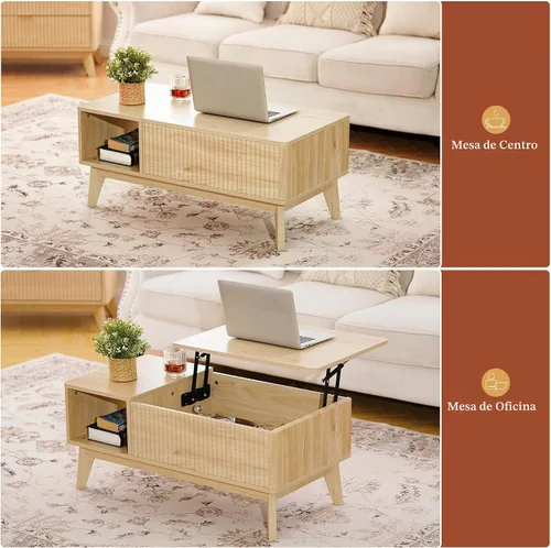 Vista 3 de LYNCOHOME Mesa de Centro con Tapa Elevable Acanalada con Almacenamiento, Mesa de Centro Moderna para Sala de Estar, Oficina en Casa (Natural)