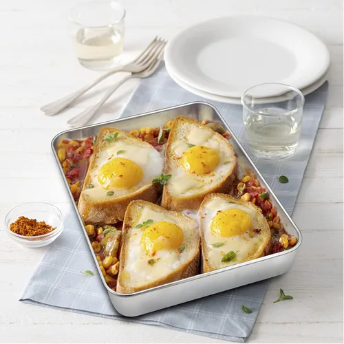 Vista 4 de P&P CHEF Sartén para lasaña de 9.3 pulgadas, bandeja de acero inoxidable para hornear, bandeja rectangular para brownie para hornear lasaña/carnes