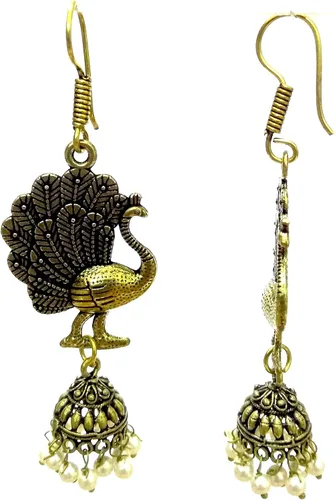 Vista 2 de DESI HAWKER pendiente oxidada oro Bali Jhumki Jhumka joyería Bollywood gota colgante lámpara de pavo real NI-169