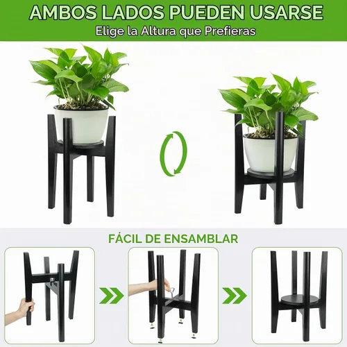 Vista 3 de Soporte ajustable para plantas con bandeja, soporte de madera para plantas de interior para macetas de 8 a 12 pulgadas, moderno soporte para macetas