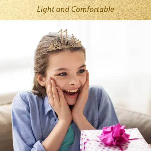 Vista 4 de EBE EmmasbyEmma Banda y tiara de cumpleaños número 11 para niñas, fabulosa banda con purpurina + fabulosa tiara de metal dorada de diamantes