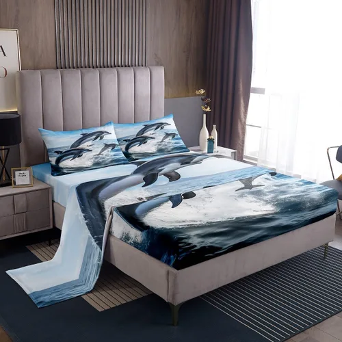 Vista 11 de Erosebridal Juego de sábanas de ballena náutica, tamaño individual, juego de ropa de cama vintage azul con ondas oceánicas para niños y niñas