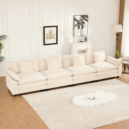Vista 9 de Sofá seccional modular beige de 117.3", sofás seccionales grandes de 3 plazas para sala de estar, sofá nube oversized de tela chenille con otomana
