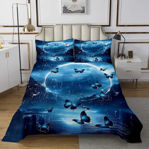 Vista 2 de Feelyou Juego de colcha para niños, diseño de mariposa verde azulado, tamaño individual, luna sobre océano, para niños y adolescentes, decoración