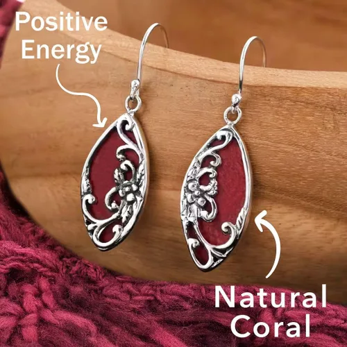 Vista 4 de Red Coral Drop Dangle Earrings for Women in 925 Sterling Silver 01 - Coral