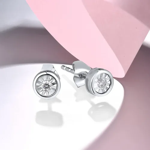 Vista 3 de Santuzza Aretes de oro macizo de 10 quilates con placa milagrosa con diamante delicado para mujer
