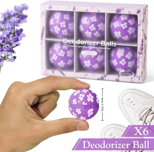 Vista 6 de Scent-Hi - Pelotas desodorantes para tenis de lavanda, paquete de 6 unidades, aroma natural, ambientador de zapatos, bolas giratorias, eliminador