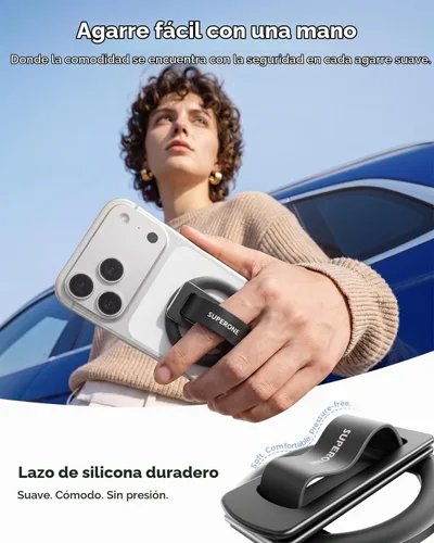 Vista 5 de SUPERONE para agarre de teléfono MagSafe, bucle de silicona suave y soporte Negro