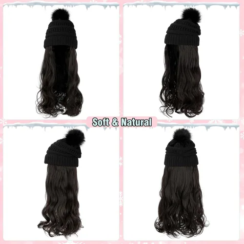 Vista 3 de Gorro Peluca Gorro de Punto con Cabello Extensiones Largas Onduladas Gorro de Punto con Pompón Incorporado Cabello Postizo Sintético Extraíble