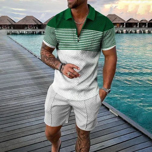 Vista 2 de Conjunto corto para hombre, 2 piezas, camiseta de manga corta y pantalones cortos, conjunto deportivo elegante y casual