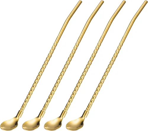 Vista 11 de uxcell Pajitas de cuchara de acero inoxidable, 4 pajitas de metal reutilizables de 8.6 pulgadas con mango largo para batidos y cócteles, color negro
