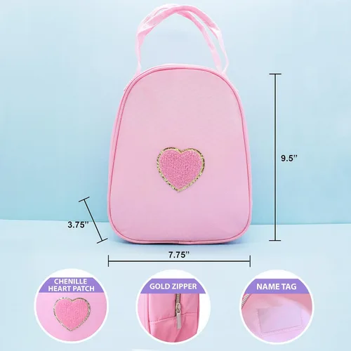 Vista 4 de Fablinks Preppy - Lonchera rosa para mujer, reutilizable, aislada, de nailon, para el trabajo, bonita lonchera compacta con parche de corazón