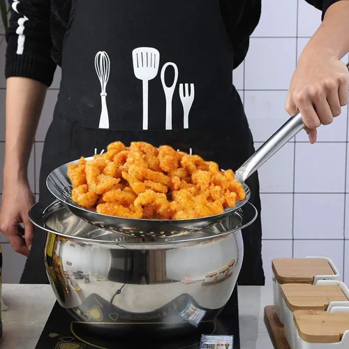 Vista 7 de Cuchara para desnatar, colador de acero inoxidable 304, desnatador redondo de acero inoxidable para freidora de cocina, pasta, espaguetis, fideos