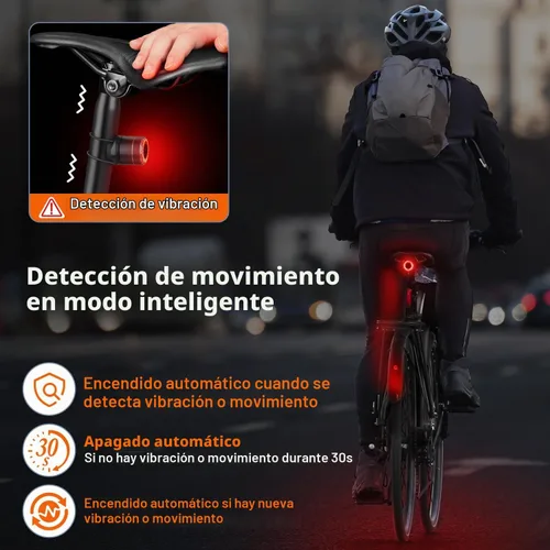 Vista 4 de Luz trasera inteligente para bicicleta, encendido/apagado automático, luz trasera con detección de freno, luz trasera de bicicleta recargable USB C