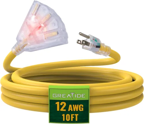 Vista 10 de Cable de extensión iluminado para exteriores de 6 pies con 3 tomas de corriente eléctrica - Cable de extensión negro resistente SJTW 12/3