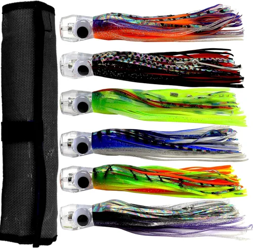 Vista 9 de OCEAN CAT Juego de señuelos de pesca de agua salada, anzuelo de pesca en alta mar y faldas de pulpo/calamar de 6 pulgadas/9 pulgadas para atrapar