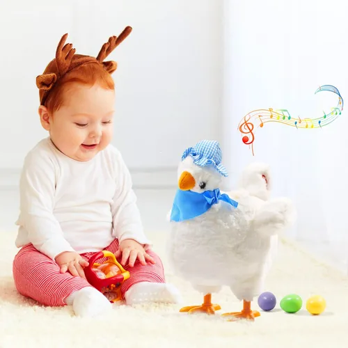 Vista 6 de SOMOYA - Juguete de pollo eléctrico de peluche poniendo huevos, juguete loco que baila con sonido y música, juguete de animales, juguetes de Pascua