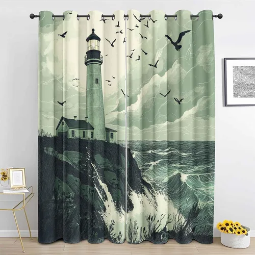 Vista 9 de Cortinas de faro costero de 54 pulgadas de largo, 2 paneles, cortinas opacas con ondas de vela para decoración de dormitorio, sala de estar, Negro