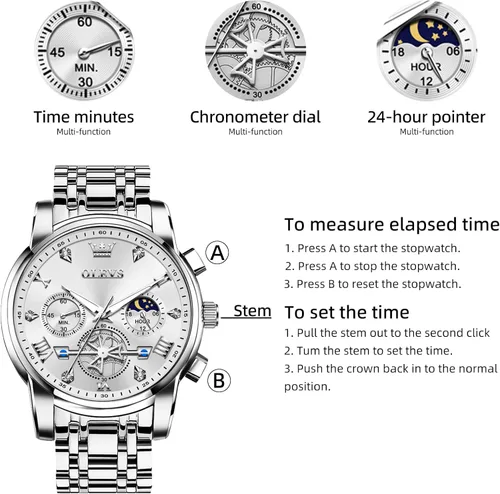 Vista 6 de OLEVS Relojes para hombre de plata, reloj de cronógrafo de acero inoxidable para hombre, reloj analógico de cuarzo de cara grande para hombre