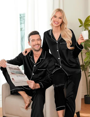 Vista 2 de LecGee Couples Matching Pajamas Set Button Down Sleepwear Long Sleeve Loungewear Silky Satin 2 Piece Pjs