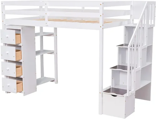 Vista 6 de VilroCaz Cama loft multifuncional de tamaño individual con cajones de almacenamiento y escalera, marco de cama de madera maciza con barandilla