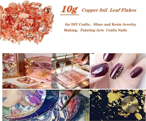 Vista 3 de Copos Schabin de oro rosa, copos de lámina metálica de cobre de 0.35 onzas para arte de uñas, pintura, manualidades, fabricación de joyas de limo
