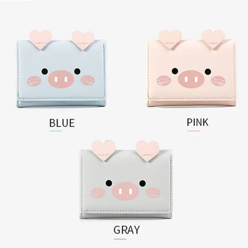 Vista 5 de Cartera de piel sintética con patrón de cerdo lindo para mujeres y niñas, cartera delgada de piel sintética, cartera pequeña de dibujos animados