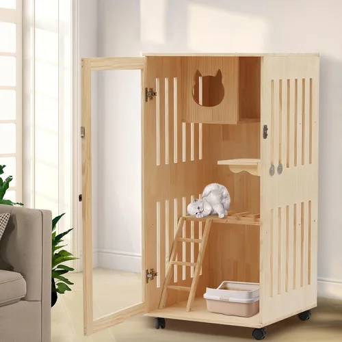 Vista 4 de Casa grande de madera para gatos de 2 pisos, refugio cómodo, multifunción, condominio para gatos, plataformas con ruedas
