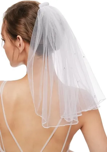 Vista 3 de Velo de novia para mujer, velo corto con tul de diamantes de imitación para despedida de soltera 38cm/15" Blanco