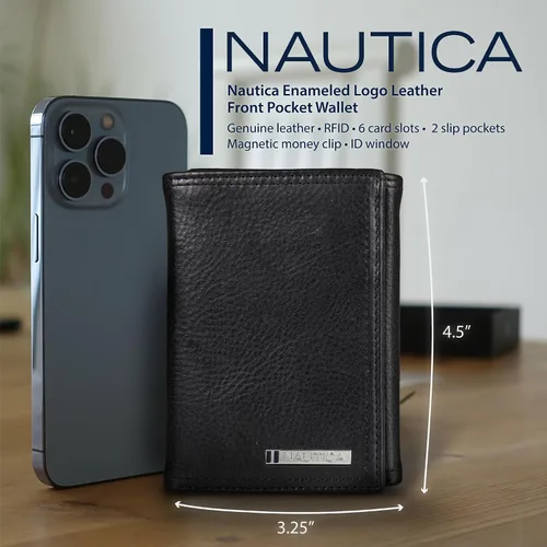 Vista 62 de Nautica Men's Trifold Wallet RFID Blocking Protection ID Window Card Slots Genuine Leather Durable