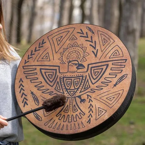 Vista 3 de Firlar Tambor Chamán, 10 Pulgadas Patrón de Pájaro Hecho a Mano Con Baqueta, Instrumento Espiritual, Aspecto Exquisito, Símbolo de Música del Marrón