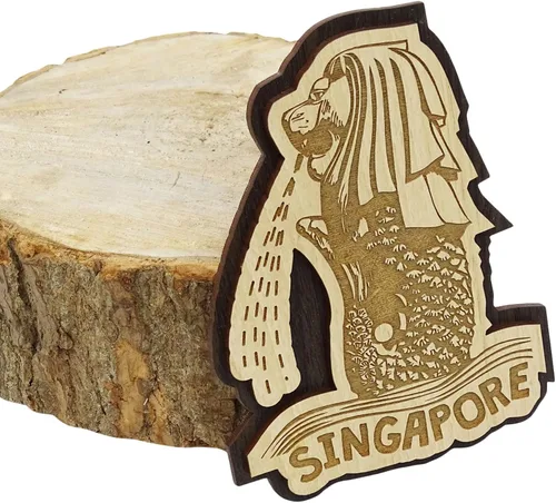 Vista 3 de Printtoo Merlion Singapore - Imán de madera grabado para nevera