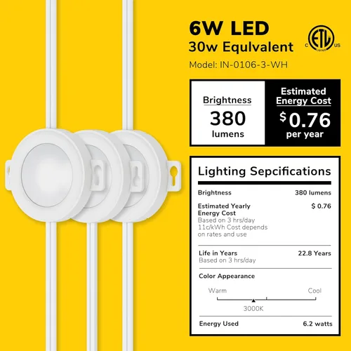 Vista 2 de GETINLIGHT IN-0106-3-WH - Luces LED de disco enchufables, 3 paquetes, solo montaje en superficie, blanco suave 3000 K, precableado, 120 V, 2 W