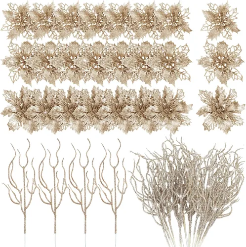 Vista 8 de Yinder Juego de 48 flores de Pascua artificiales con purpurina para el día de San Valentín con ramitas, decoración de árbol de Navidad, para corona