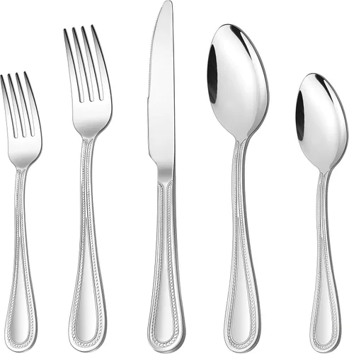 Vista 9 de Juego de cubiertos de 20 piezas, HaWare cubiertos de acero inoxidable servicio para 4, vajilla con borde perlado incluye cuchillo/tenedor/cuchara