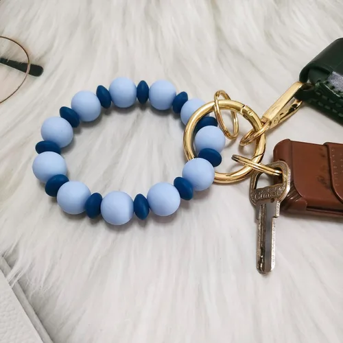 Vista 8 de Junyuerly Pulsera Llavero de Silicona con Cuentas para Mujeres, Brazalete Elástico con Anillo de Llaves Cuenta azul