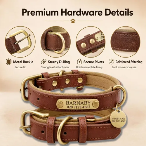 Vista 5 de Collar de cuero para perro personalizado y juego de correa, personalizado con diseño acolchado suave y resistente con placa de nombre grabada
