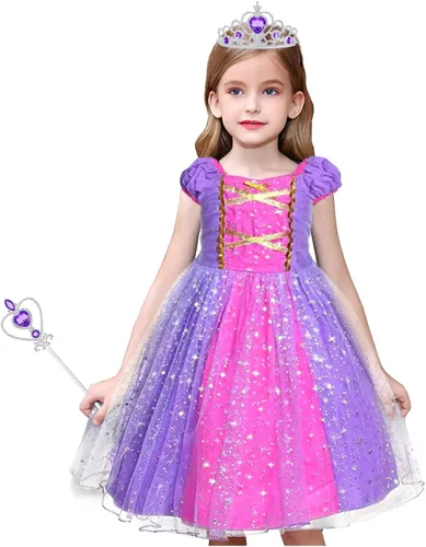 Vista 4 de Acecharming Rapunzel Princess Dress Girls Cosplay Costume Kids Floral Puffy Dresses for Summer Pageant Fancy Dress Up Party