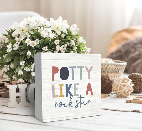 Vista 3 de SRADMO Letrero de madera con texto en inglés "Potty Like a Rock Star, decoración de escritorio, divertida caja de bloques de madera para baño