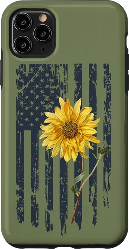 Vista 13 de iPhone 16 Yellow Sunflower Patriotic US American Flag Women Sage Green Case