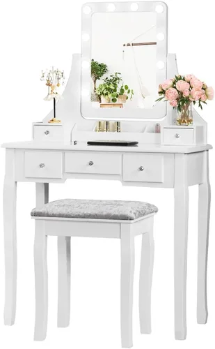 Vista 11 de DORTALA Juego de mesa de tocador con espejo rectangular de 360 grados y taburete acolchado, mesa de maquillaje con 10 bombillas LED regulables