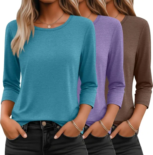 Vista 40 de Ficerd Paquete de 3 camisetas de manga 3/4 para mujer, cuello redondo, camisetas básicas elegantes, casuales, modernas, holgadas