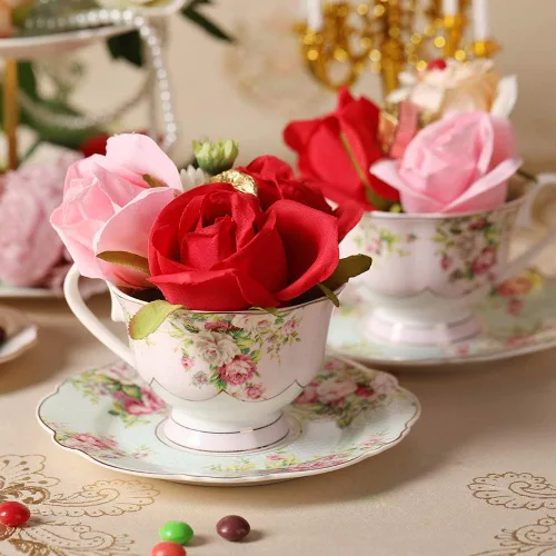 Vista 4 de Juego de taza de té y platillo de porcelana fina, azalea rosa, borde dorado, juego de cuatro