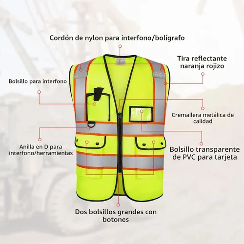 Vista 4 de Chaleco Reflectante Clase 2 de Seguridad ANSI con Bolsillos y Cremallera de Alta Visibilidad Uniforme de Construcción D-amarillo-1pack-personalizado