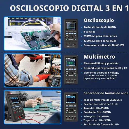 Vista 2 de Hantek Osciloscopio 2D72, 2+1 CH 70MHz con generador de formas de onda y multímetro, probador multifunción 3 en 1, 2CH+AFG+DMM