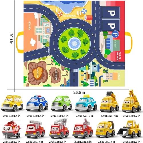 Vista 3 de TEMI - Juguetes de coches tirados para niños pequeños de 1, 2, 3 años para niños y niñas, 12 piezas de juguetes de coches para bebés con alfombrilla