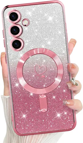Vista 315 de Bonoma - Funda compatible con Samsung Galaxy S21 Plus, diseño de corazón con purpurina, color rosa Support for MagSafe, Plating Magnetic Case TPU