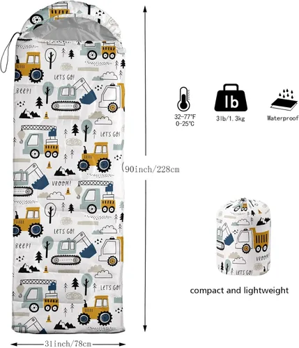 Vista 3 de Saco de dormir para niños y niñas, estampado de camión de construcción, ligero, cálido, portátil, para exteriores, interior, impermeable, resistente
