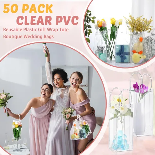 Vista 6 de LEIFIDE 50 bolsas de regalo de plástico transparente con asas, de PVC, reutilizables, transparentes, bolsas para dulces, escuela, fiesta